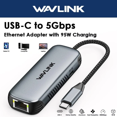 Bộ chuyển đổi USB C sang Ethernet 5Gbps WAVLINK Cổng sạc 95W Không cần driver