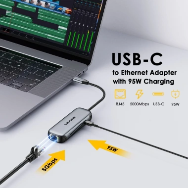 Bộ chuyển đổi USB C sang Ethernet 5Gbps WAVLINK Cổng sạc 95W Không cần driver