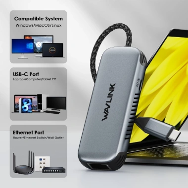 Bộ chuyển đổi USB C sang Ethernet 5Gbps WAVLINK Cổng sạc 95W Không cần driver