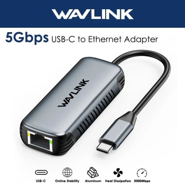 Bộ chuyển đổi USB C sang Ethernet 5Gbps WAVLINK RJ45 Gigabit, tốc độ cao, giá ưu đãi 812.900 VND