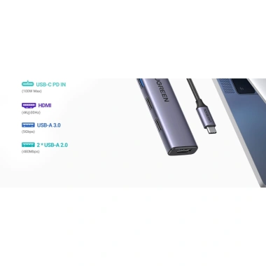 Bộ chuyển Type C Ugreen 15.495 2x USB A 2.0 + 1x USB A 3.0 + HDMI 4K@30Hz + PD 315.000₫
