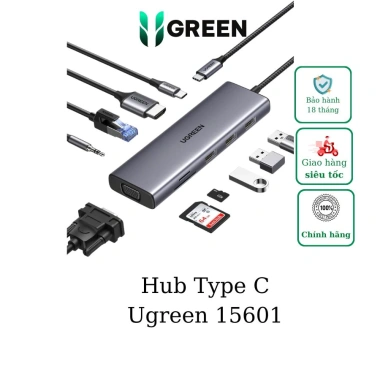 Bộ chuyển Type‑C Ugreen 15.601 CM498: HDMI, VGA, USB 3.0, LAN 1Gbps, Card Reader, 3.5mm – 815.000 ₫