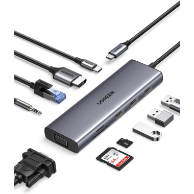 Bộ chuyển Type‑C Ugreen 15.601 CM498: HDMI, VGA, USB 3.0, LAN 1Gbps, Card Reader, 3.5mm – 815.000 ₫