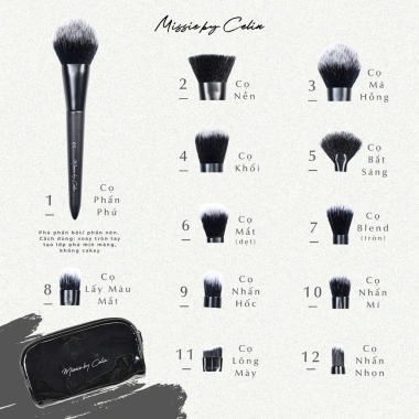 Bộ Cọ Trang Điểm CELIN 12+15 Cây Lông Mềm kèm Túi - Đen Trắng Hồng Xanh, 350k 6