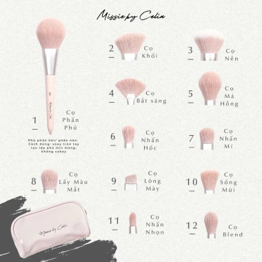 Bộ Cọ Trang Điểm CELIN 12+15 Cây Lông Mềm kèm Túi - Đen Trắng Hồng Xanh, 350k 7