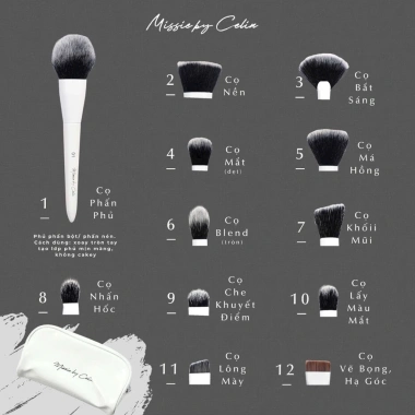 Bộ Cọ Trang Điểm CELIN 12+15 Cây Lông Mềm kèm Túi - Đen Trắng Hồng Xanh, 350k 8