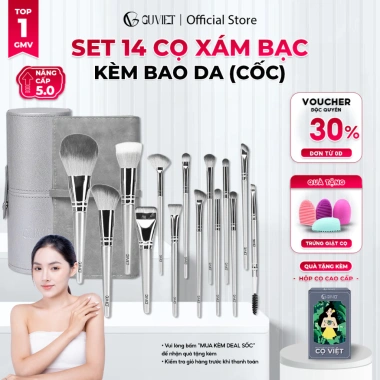 Bộ cọ trang điểm GUVIET 14 cây màu xám bạc kèm bao da, giá ưu đãi 334.410₫