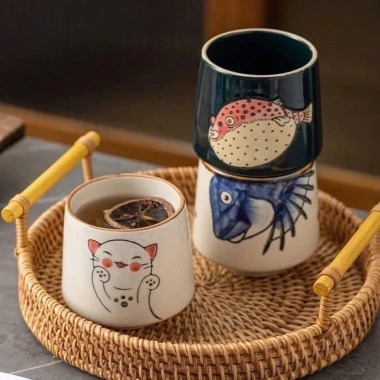 Bộ cốc sứ mèo tráng men tiểu cổ bóng mịn, uống trà, nước, kèm hộp đựng - Giá ưu đãi 370.000đ
