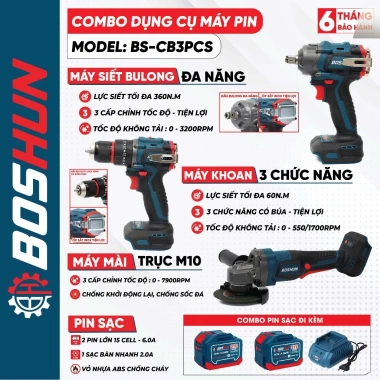 Bộ COMBO 3 Máy Khoan Siết Mài BOSHUN BS-CB3PCS 2PIN 15CELL Lớn Không Chổi Than - Giá ưu đãi 1.799.000 VND 2