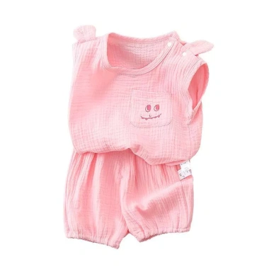 Bộ cotton gạc mùa hè trẻ sơ sinh, áo vest mỏng và quần short thoáng khí, 2 trang phục