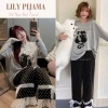 Bộ cotton nữ quần dài họa tiết mèo Lily - Thu đông, chấm bi phối ren hcom3.306