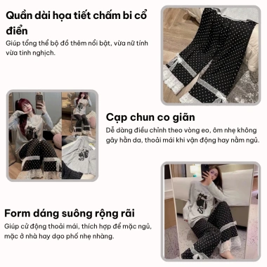 Bộ cotton nữ quần dài họa tiết mèo Lily - Thu đông, chấm bi phối ren hcom3.306 2