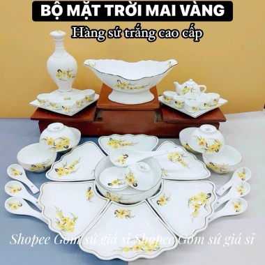 Bộ Cúng Gia Tiên: Bát Đĩa Hoa Mặt Trời, Mai Vàng, Đào Hồng, Men Trắng - Gốm Sứ Giá 590k