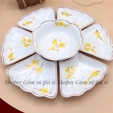 Bộ Cúng Gia Tiên: Bát Đĩa Hoa Mặt Trời, Mai Vàng, Đào Hồng, Men Trắng - Gốm Sứ Giá 590k