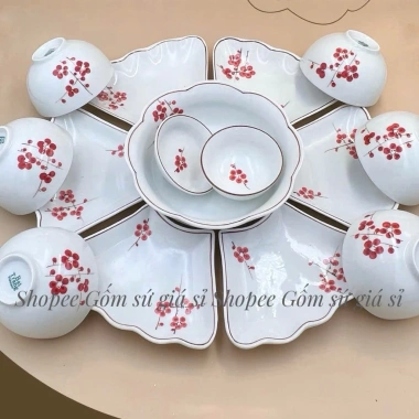 Bộ Cúng Gia Tiên: Bát Đĩa Hoa Mặt Trời, Mai Vàng, Đào Hồng, Men Trắng - Gốm Sứ Giá 590k