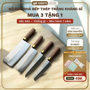 Bộ Dao Nhà Bếp DABETO - Mua 3 tặng 1, Thép Trắng kháng gỉ, độ cứng cao, cán gỗ mun chốt đinh - 236.700 VNĐ