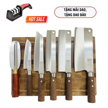 Bộ dao nhà bếp QUỐC DƯƠNG thép Nhật 420HC, cán gỗ mun, chống mối mọt, BH24 - M6