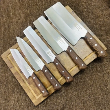 Bộ dao nhà bếp QUỐC DƯƠNG thép Nhật 420HC không gỉ, cán gỗ mun, chốt 3 đinh chắc chắn, BH 24 tháng - M4