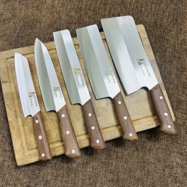 Bộ dao nhà bếp QUỐC DƯƠNG thép Nhật 420HC không gỉ, cán gỗ mun, chốt 3 đinh chắc chắn, BH 24 tháng - M4