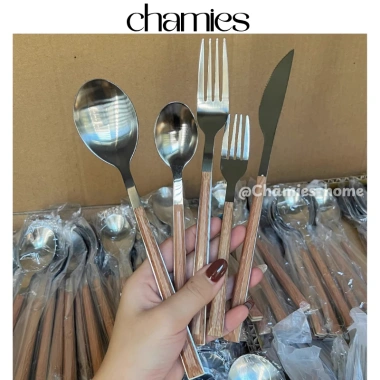Bộ dao nĩa thìa inox không gỉ ốp gỗ cánh gà Chamies sang trọng bền bỉ