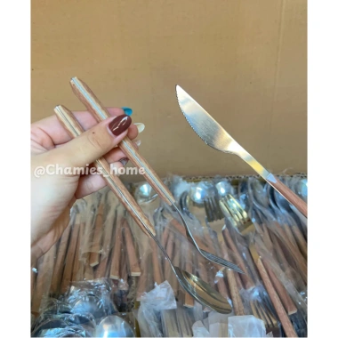 Bộ dao nĩa thìa inox không gỉ ốp gỗ cánh gà Chamies sang trọng bền bỉ