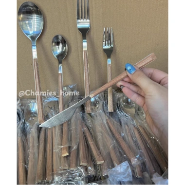 Bộ dao nĩa thìa inox không gỉ ốp gỗ cánh gà Chamies sang trọng bền bỉ
