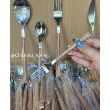 Bộ dao nĩa thìa inox không gỉ ốp gỗ cánh gà Chamies sang trọng bền bỉ