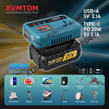 Bộ đế XUMTOM chuyển 18-21V lên 220V, ổ cắm, Pin Makita M21 4cm 250W sạc nhanh - Giá 229.400₫
