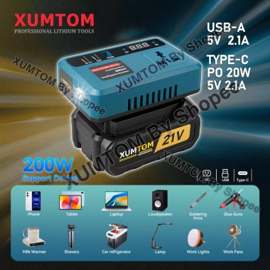 Bộ đế XUMTOM chuyển 18-21V lên 220V, ổ cắm, Pin Makita M21 4cm 250W sạc nhanh - Giá 229.400₫