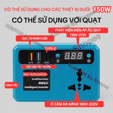 Bộ đế XUMTOM chuyển 18-21V lên 220V, ổ cắm, Pin Makita M21 4cm 250W sạc nhanh - Giá 229.400₫