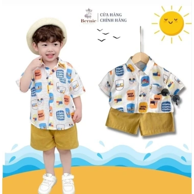 Bộ Đi Biển Cộc Tay Bé Trai Bernie Họa Tiết Ô tô - Sơ mi 9-26kg Giá ưu đãi 230k