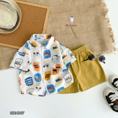 Bộ Đi Biển Cộc Tay Bé Trai Bernie Họa Tiết Ô tô - Sơ mi 9-26kg Giá ưu đãi 230k