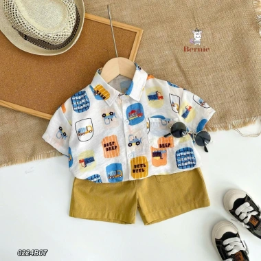 Bộ Đi Biển Cộc Tay Bé Trai Bernie Họa Tiết Ô tô - Sơ mi 9-26kg Giá ưu đãi 230k