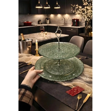 Bộ Đĩa 2 Tầng Thủy Tinh Vân Lụi Tròn Màu Xanh 28cm + 22.5cm – Crista Home Giá Ưu Đãi 495k