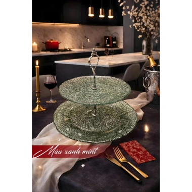 Bộ Đĩa 2 Tầng Thủy Tinh Vân Lụi Tròn Màu Xanh 28cm + 22.5cm – Crista Home Giá Ưu Đãi 495k