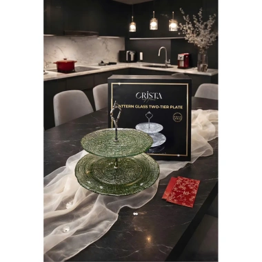 Bộ Đĩa 2 Tầng Thủy Tinh Vân Lụi Tròn Màu Xanh 28cm + 22.5cm – Crista Home Giá Ưu Đãi 495k