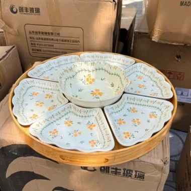Bộ đĩa thờ cúng sứ hoa mai vàng chịu nhiệt - Set bát đĩa hoa mặt trời, giá 300.000₫
