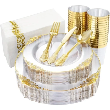 Bộ đồ ăn dự tiệc vàng: Đĩa nhựa, cốc, nĩa dùng một lần sang trọng, giá 33.031₫