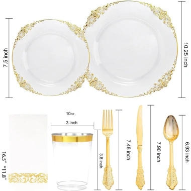 Bộ đồ ăn dự tiệc vàng: Đĩa nhựa, cốc, nĩa dùng một lần sang trọng, giá 33.031₫