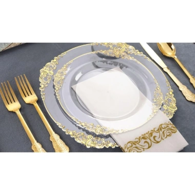 Bộ đồ ăn dự tiệc vàng: Đĩa nhựa, cốc, nĩa dùng một lần sang trọng, giá 33.031₫