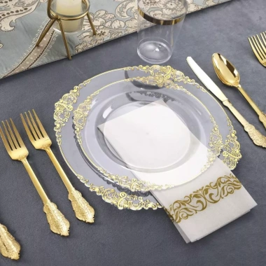 Bộ đồ ăn dự tiệc vàng: Đĩa nhựa, cốc, nĩa dùng một lần sang trọng, giá 33.031₫