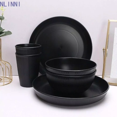 Bộ Đồ Ăn Ngoài Trời 3 Cái NLINNI: Dao, Kéo, Đĩa Nhựa Đen Sọc Dọc Chống Rơi, Bát & Cốc Thân Thiện - Giá 59.400₫