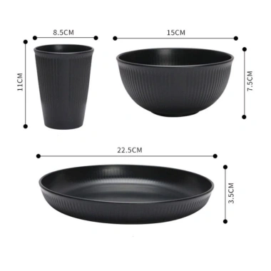 Bộ Đồ Ăn Ngoài Trời 3 Cái NLINNI: Dao, Kéo, Đĩa Nhựa Đen Sọc Dọc Chống Rơi, Bát & Cốc Thân Thiện - Giá 59.400₫
