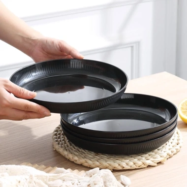 Bộ Đồ Ăn Ngoài Trời 3 Cái NLINNI: Dao, Kéo, Đĩa Nhựa Đen Sọc Dọc Chống Rơi, Bát & Cốc Thân Thiện - Giá 59.400₫