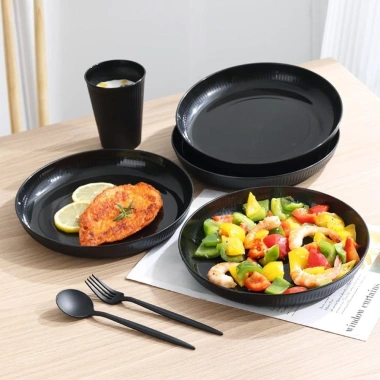 Bộ Đồ Ăn Ngoài Trời 3 Cái NLINNI: Dao, Kéo, Đĩa Nhựa Đen Sọc Dọc Chống Rơi, Bát & Cốc Thân Thiện - Giá 59.400₫