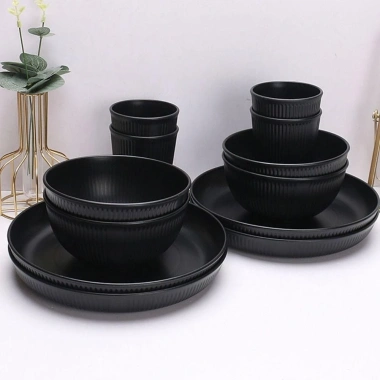 Bộ Đồ Ăn Ngoài Trời 3 Cái NLINNI: Dao, Kéo, Đĩa Nhựa Đen Sọc Dọc Chống Rơi, Bát & Cốc Thân Thiện - Giá 59.400₫