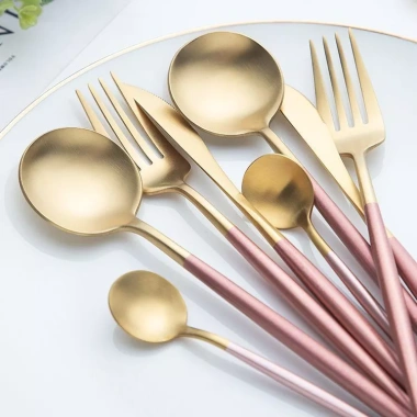 Bộ Đồ Ăn Thép Không Gỉ Cặp Đôi Hộ Gia Đình Dao Kéo Thìa Đũa Giá Trị Cao Bồ Đào Nha Thìa Tròn Vàng Món Tráng Miệng