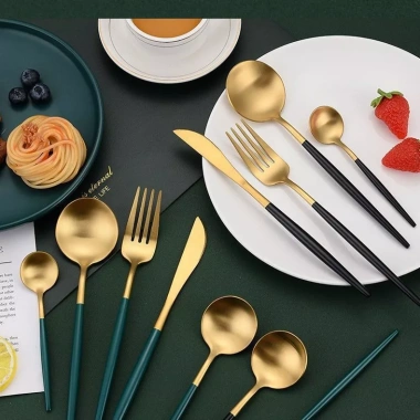 Bộ Đồ Ăn Thép Không Gỉ Cặp Đôi Hộ Gia Đình Dao Kéo Thìa Đũa Giá Trị Cao Bồ Đào Nha Thìa Tròn Vàng Món Tráng Miệng
