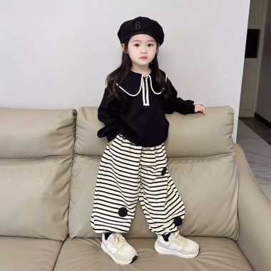 Bộ đồ áo nỉ bé gái Hàn Quốc phong cách mới, quần sọc xuân thu - Giảm giá 17% còn 256.973 VND