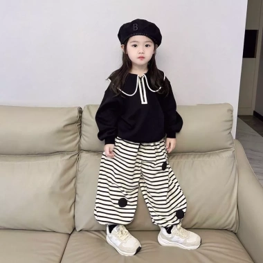 Bộ đồ áo nỉ bé gái Hàn Quốc phong cách mới, quần sọc xuân thu - Giảm giá 17% còn 256.973 VND